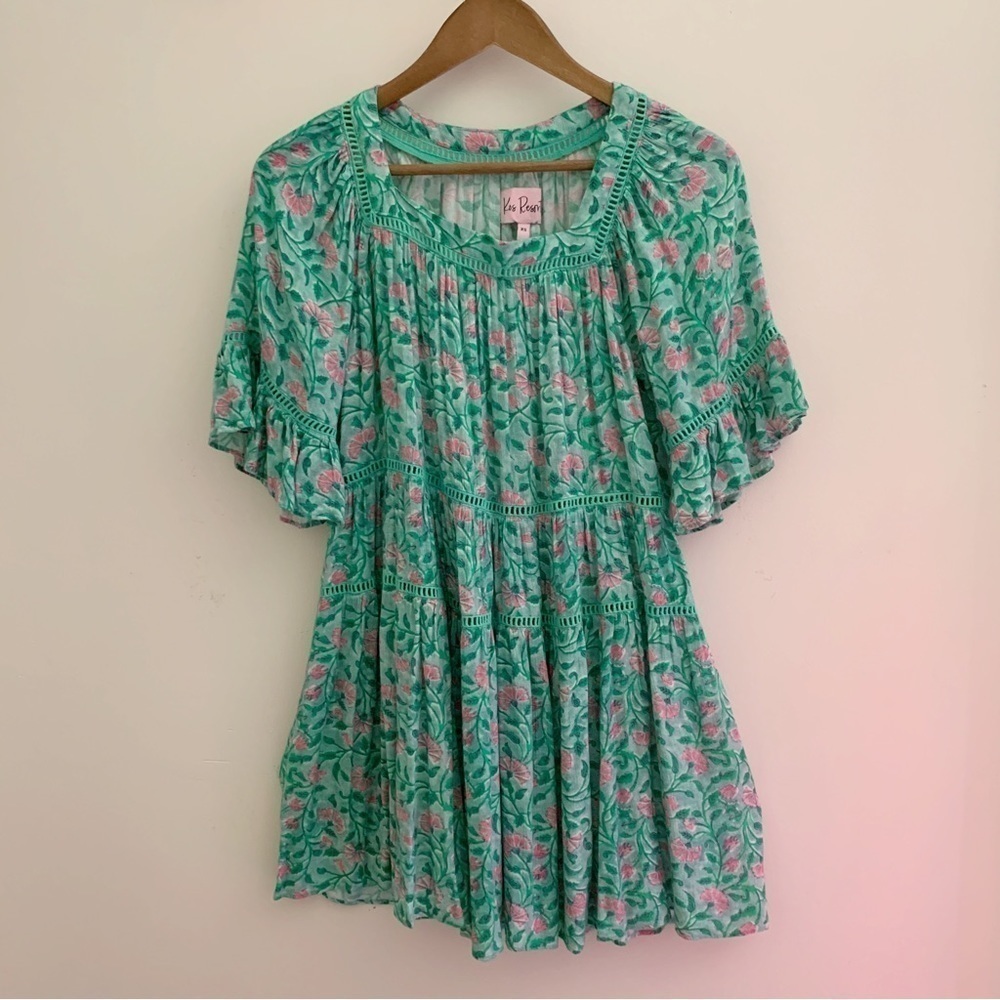Kos Resort Green Floral Tiered Ruffle Mini Dress XS Resortwear
